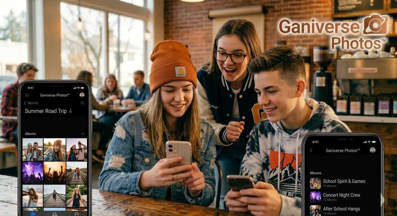 Teenagers organizing and sharing photos with Ganiverse Photos