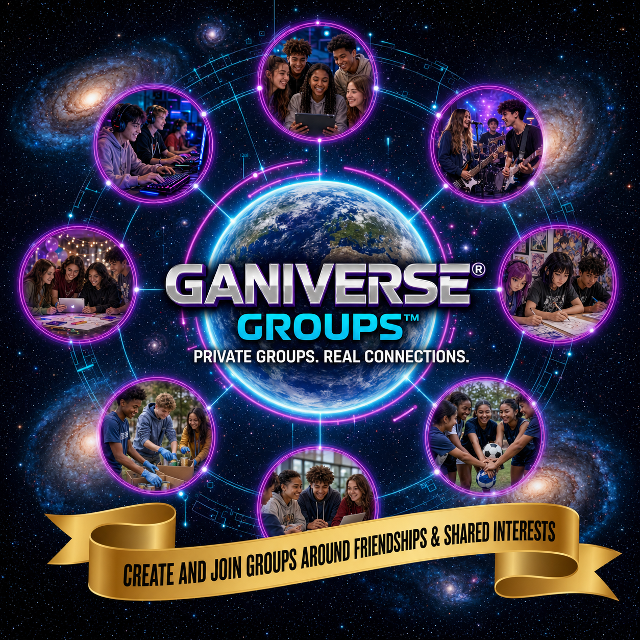 Ganiverse Groups for teenagers — private groups around friends and shared interests