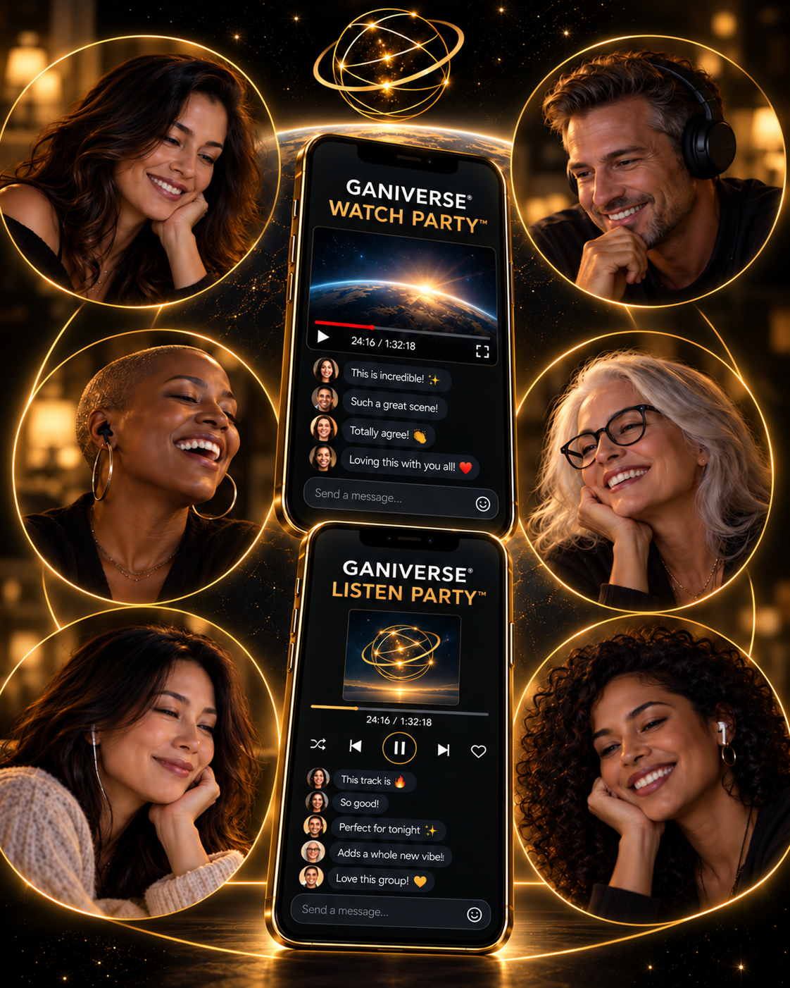 Adults enjoying Ganiverse Watch Party and Listen Party together in private groups