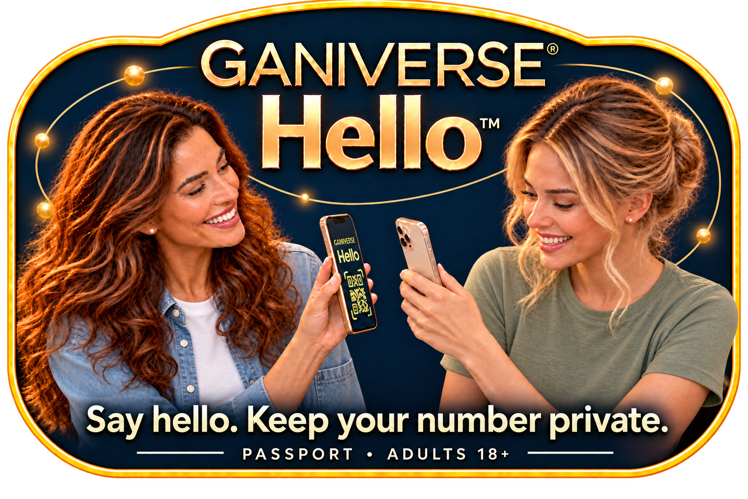 Friends connecting through Ganiverse® Hello™ by scanning a QR code