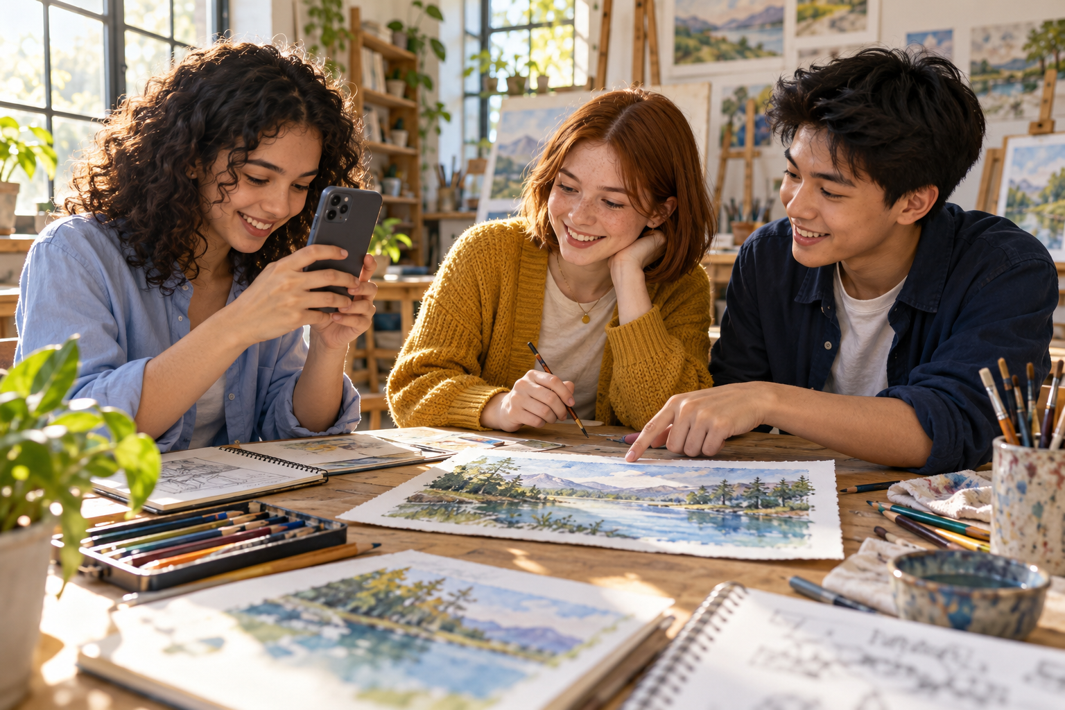 Teen friends photographing artwork to share