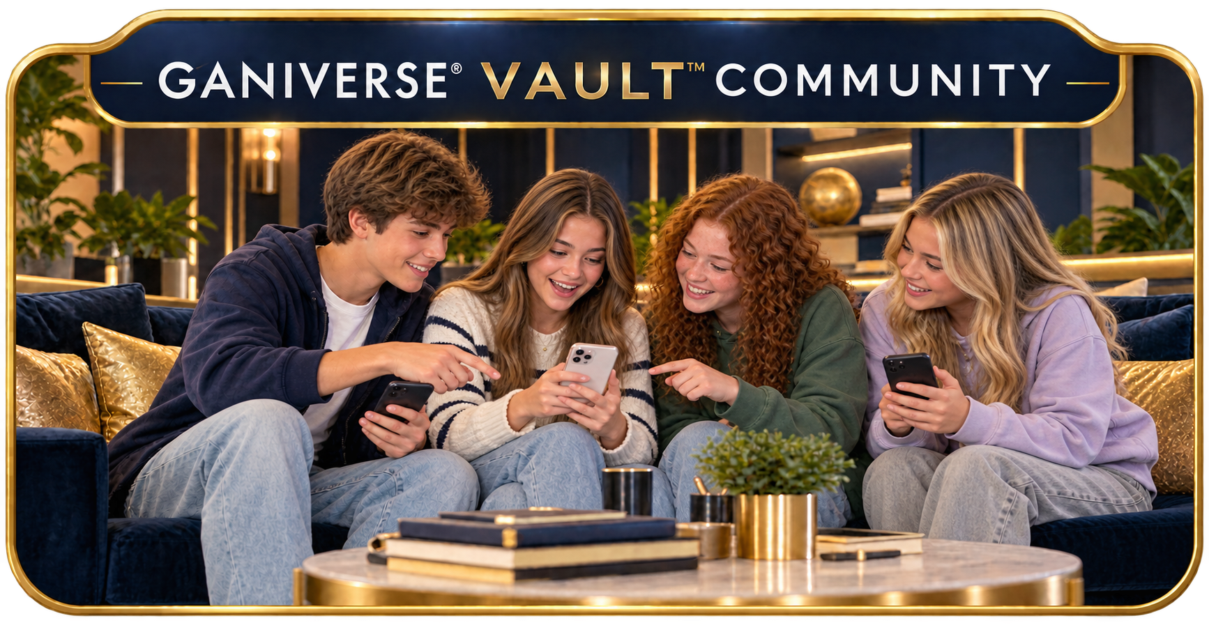 Ganiverse Vault Community teenagers connecting with friends on their phones