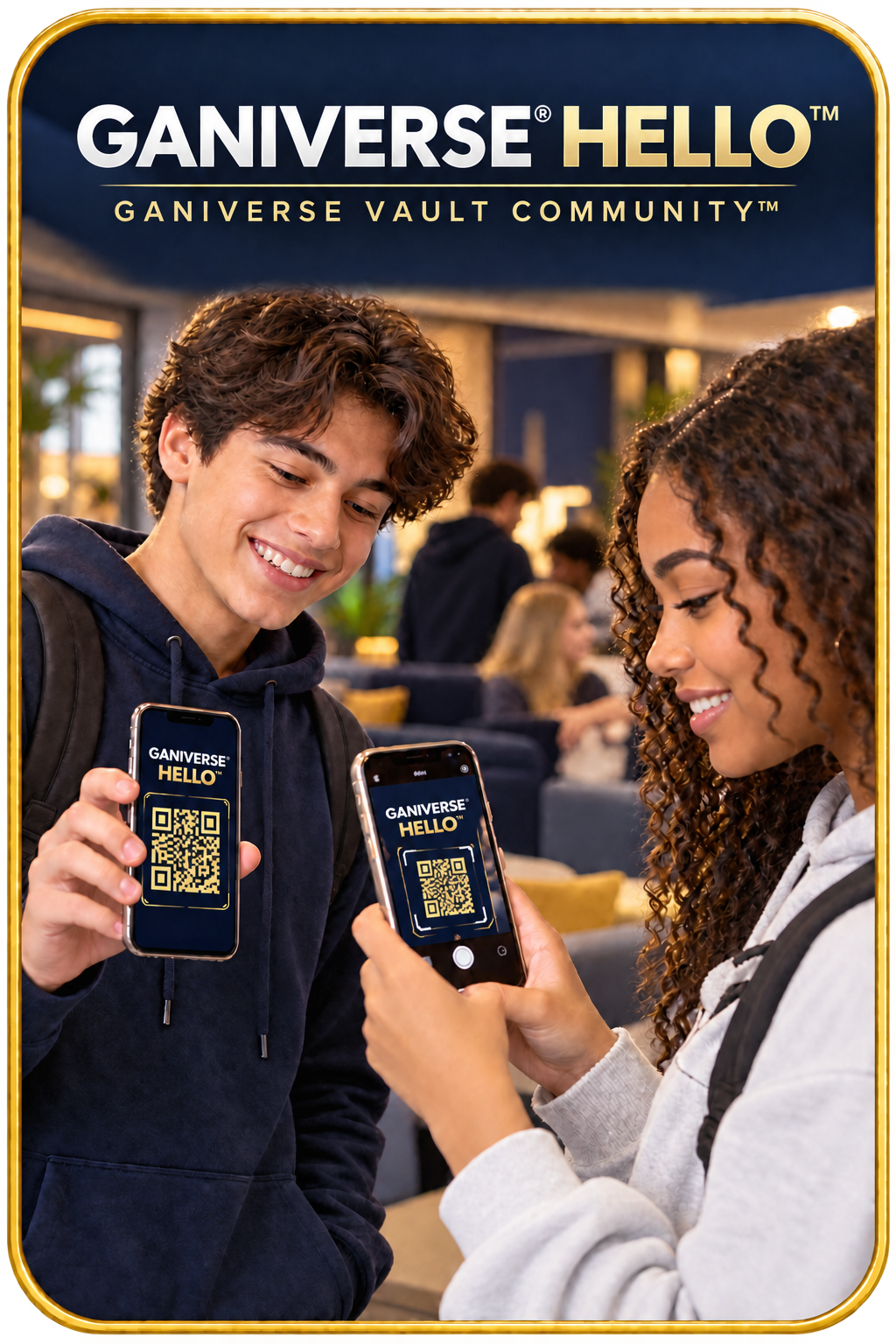 Ganiverse Hello for Vault Community teenagers connecting by scanning private QR codes